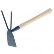 Мотыжка комбинированная, 2 зубца с лопаткой, деревянная ручка